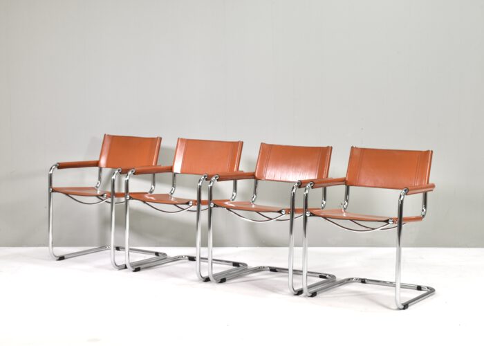 Set of four S34 Dining armchairs in Cognac leather by Mart Stam for FASEM - Italy, circa 1960-70 | #S12387 - Image 2