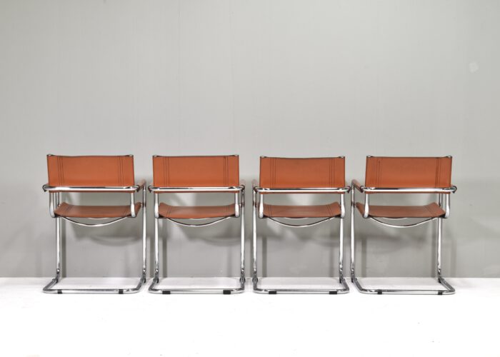 Set of four S34 Dining armchairs in Cognac leather by Mart Stam for FASEM - Italy, circa 1960-70 | #S12387 - Image 9