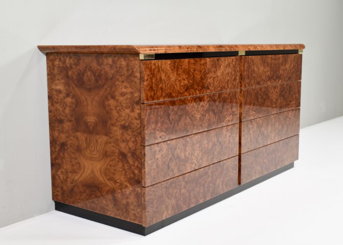 Burlwood Drawer Credenza with Brass Details, Italy - 1970's | #C12394